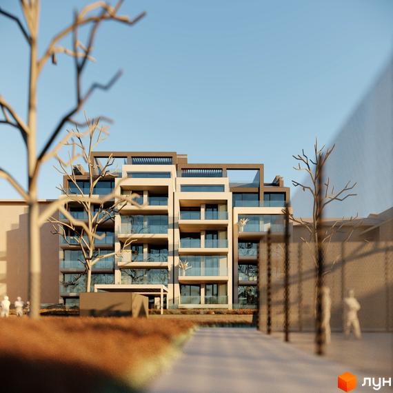 Житловий комплекс Residence Eleven - це багатоповерхова новобудова з балконами та скляними фасадами, розташована на фоні блакитного неба. Перед будинком - доглянута прибудинкова територія з деревами та алеєю.