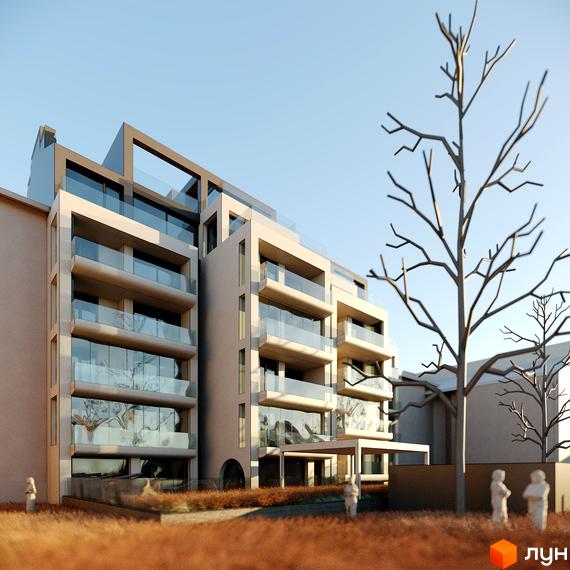 Житловий комплекс Residence Eleven - це сучасна багатоповерхова будівля з просторими балконами та панорамними вікнами, розташована біля доглянутої прибудинкової території з деревами.