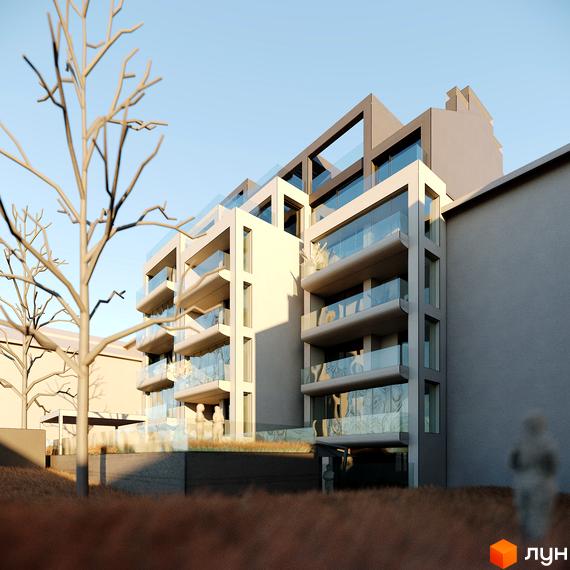 Житловий комплекс Residence Eleven - це сучасна новобудова з балконами та скляними огорожами. Перед будинком розташована прибудинкова територія з деревами та газоном.