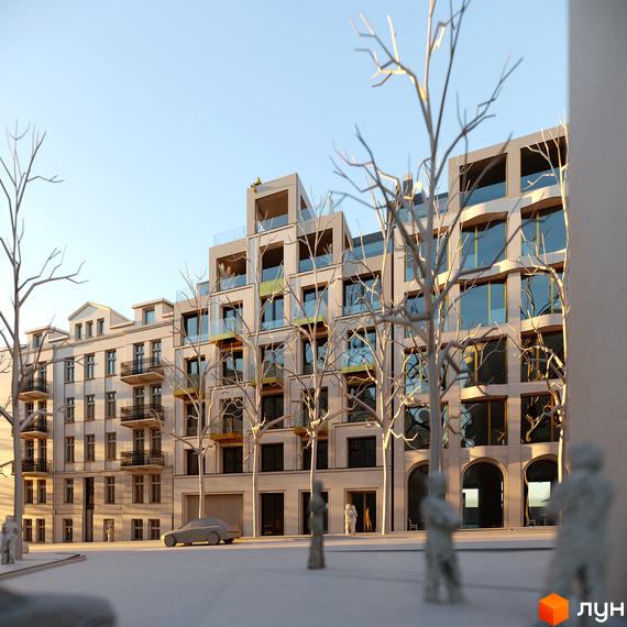 Житловий комплекс Residence Eleven - фасади будівель з балконами та великими вікнами, оточені голими деревами. Перед будинками розташована площа з пішохідними фігурами та автомобілем.