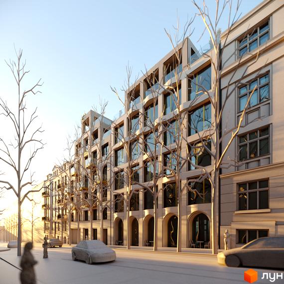 Житловий комплекс Residence Eleven - фасади будівель з арками та великими вікнами, оточені деревами. Вид на вулицю з автомобілями та пішоходами.