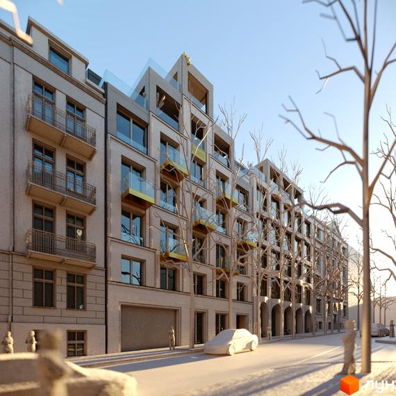 Фасад житлового комплексу Residence Eleven з балконами та скляними огорожами, що виходить на вулицю з деревами та автомобілями.