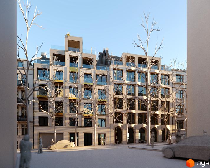 Житловий комплекс Residence Eleven з фасадом з великою кількістю вікон та балконів, оточений голими деревами. Перед будинком - вулиця з пішоходами та автомобілями.