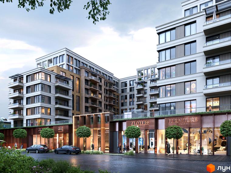 Зображення фасаду OLEGIV Boutique Residence. Багатоквартирний будинок з великими вікнами та балконами. На першому поверсі розташовані магазини.
