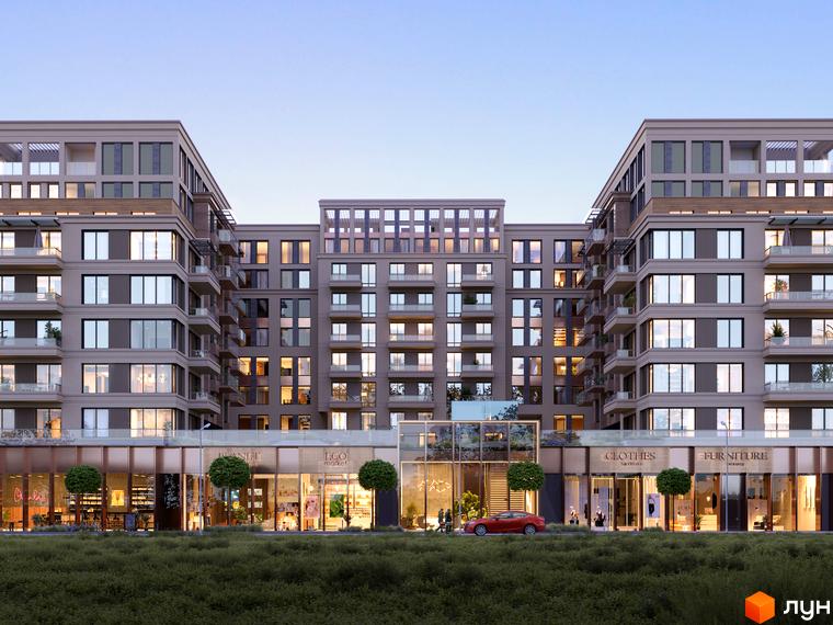 Фасад комплексу OLEGIV Boutique Residence з комерційними приміщеннями на першому поверсі та озелененою територією. Багатоквартирний будинок з балконами та великими вікнами.