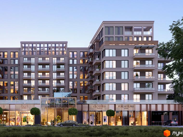 Зовнішній вигляд OLEGIV Boutique Residence з фасадами з великою кількістю вікон та балконів, а також комерційними приміщеннями на першому поверсі. Навколо будівлі зелена зона та дорога з автомобілями.