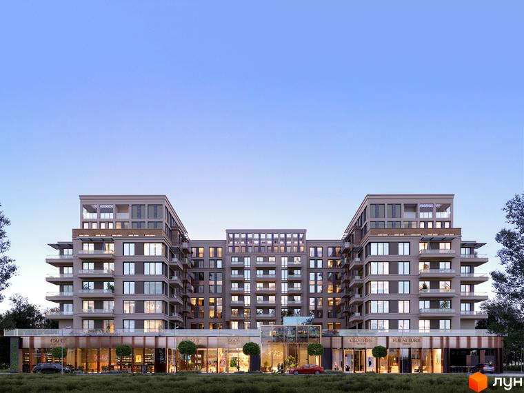Olegiv Boutique Residence - це новий житловий комплекс з магазинами на першому поверсі та квартирами з балконами. Навколо комплексу зелена зона та дерева.