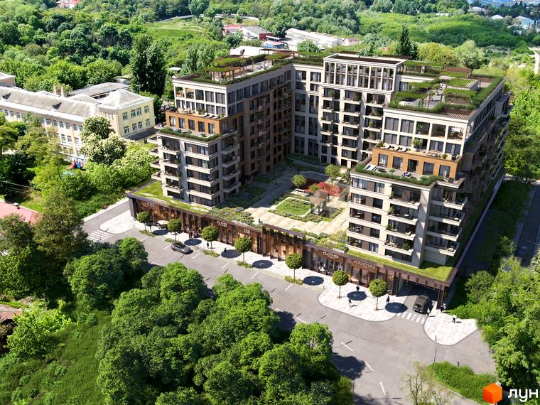 Зовнішній вигляд OLEGIV Boutique Residence з терасами та зеленими зонами на даху. На прибудинковій території розташовані дерева та місця для паркування.