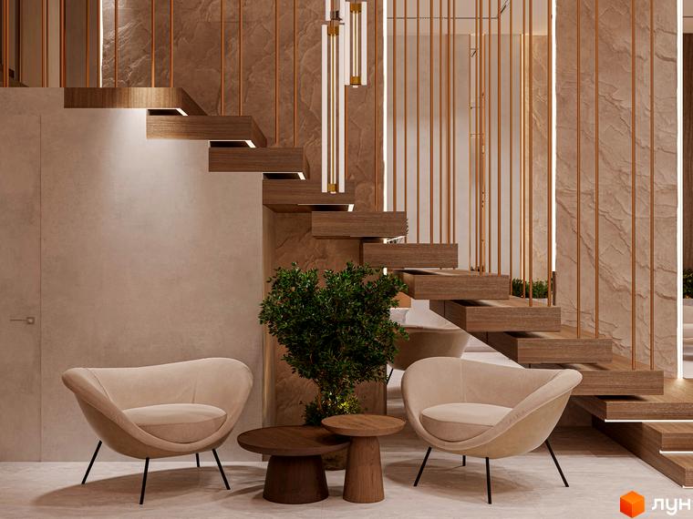 Інтер'єр житлового комплексу з дерев'яними сходами, кріслами та декоративним озелененням. Елегантний дизайн для комфортного життя в Olegiv Boutique Residence.