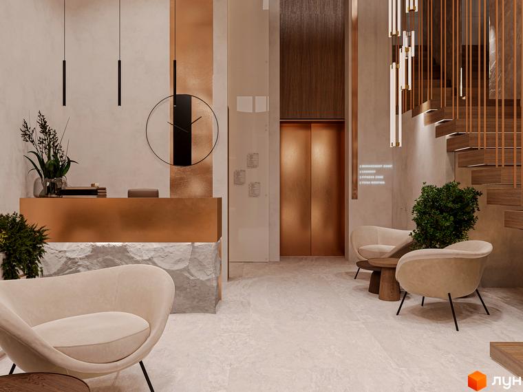 Інтер'єр лобі житлового комплексу OLEGIV Boutique Residence з ресепшн, ліфтом та зоною відпочинку. Дизайн виконаний у сучасних тонах з акцентами на мідь та дерево.