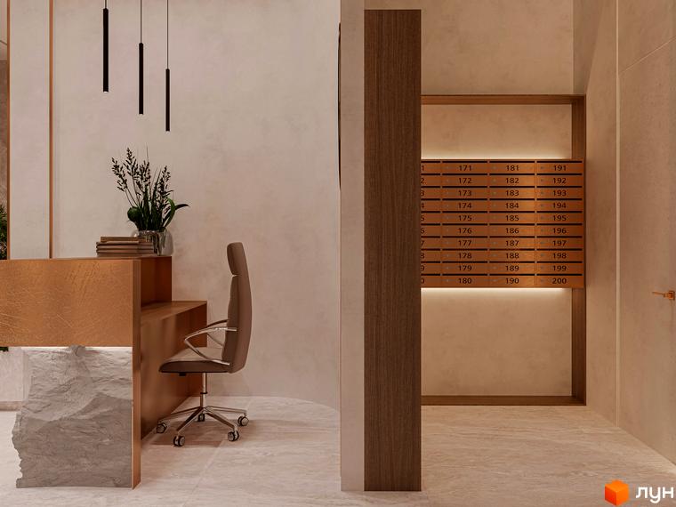 Інтер'єр OLEGIV Boutique Residence з зоною ресепшн та поштовими скриньками. Сучасна новобудова з стильним дизайном.