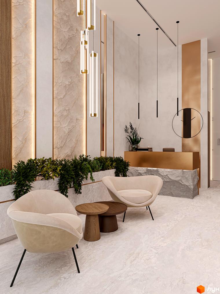 Інтер'єр лобі OLEGIV Boutique Residence з золотистою стійкою реєстрації, мармуровими акцентами та зеленню. Затишна зона відпочинку з кріслами та столиками.