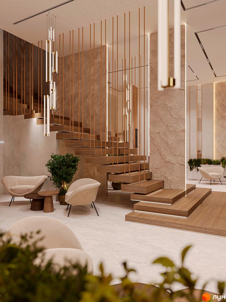 Інтер'єр OLEGIV Boutique Residence: дерев'яні сходи, скляні світильники, м'які меблі та рослини. Елегантний дизайн для комфортного життя.