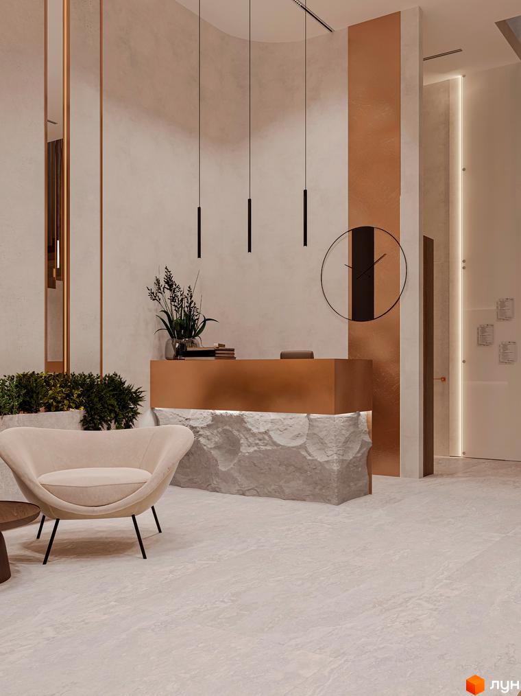 Інтер'єр холу в Olegiv Boutique Residence. Стіни світлих відтінків, стійка рецепції з декоративним оздобленням, м'які меблі та рослини.