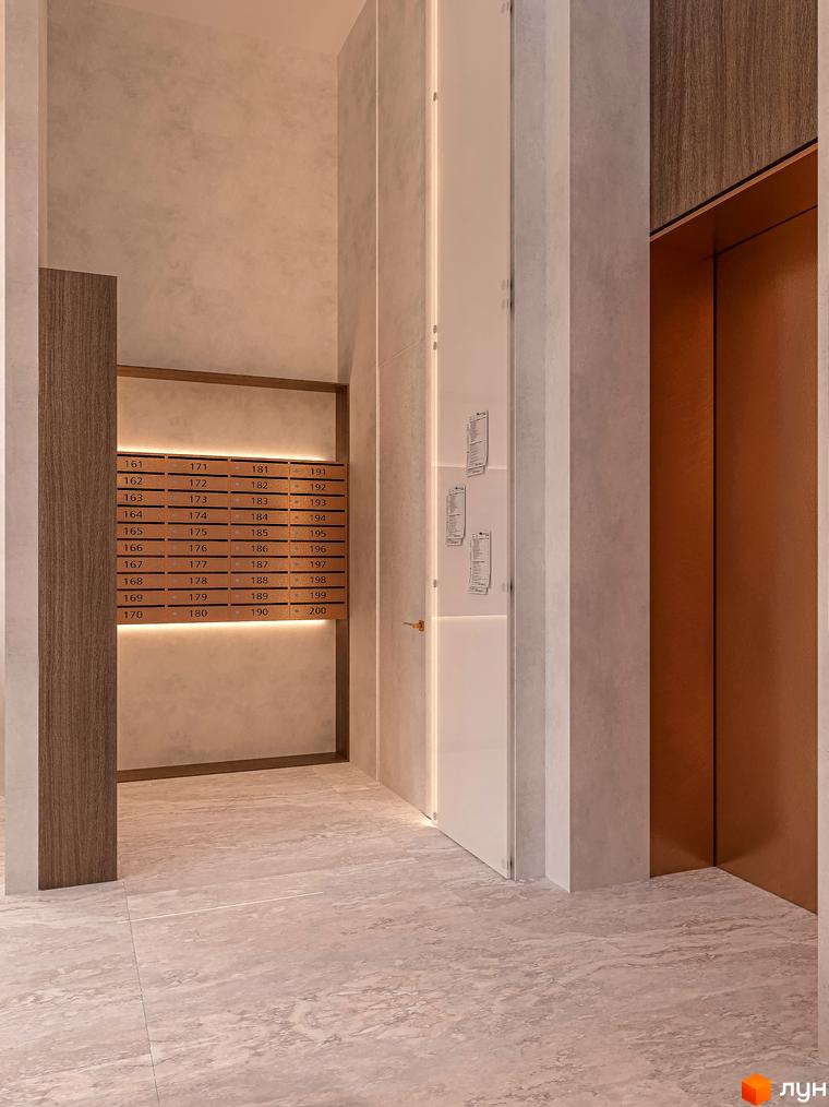 Інтер'єр OLEGIV Boutique Residence з поштовими скриньками та дверима ліфта. Сучасний дизайн та оздоблення створюють затишну атмосферу.
