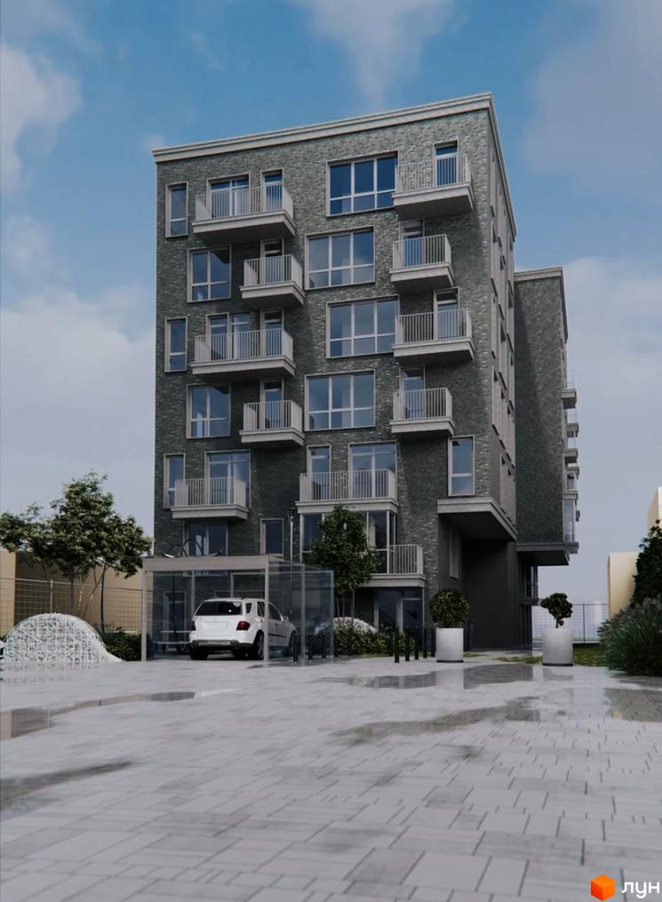 Зовнішній вигляд новобудови ЖК AcademHoff з сірого цегляного фасаду та балконів. Прибудинкова територія з парковкою та зеленими насадженнями.