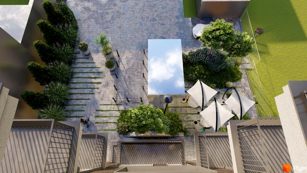 Зовнішній вигляд житлового комплексу ЖК AcademHoff з прибудинковою територією, що включає зелені насадження, зону відпочинку та бруківку.