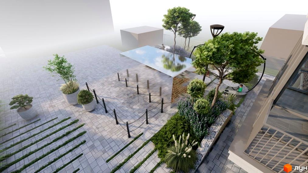 Житловий комплекс ЖК AcademHoff з просторою прибудинковою територією, озелененням та зонами відпочинку.