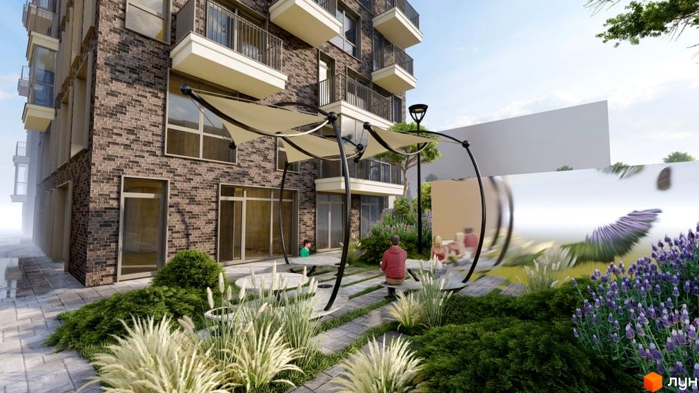 Житловий комплекс ЖК AcademHoff з цегляним фасадом та затишною прибудинковою територією з ландшафтним дизайном. На території розміщені зони відпочинку з навісами та місцями для сидіння.