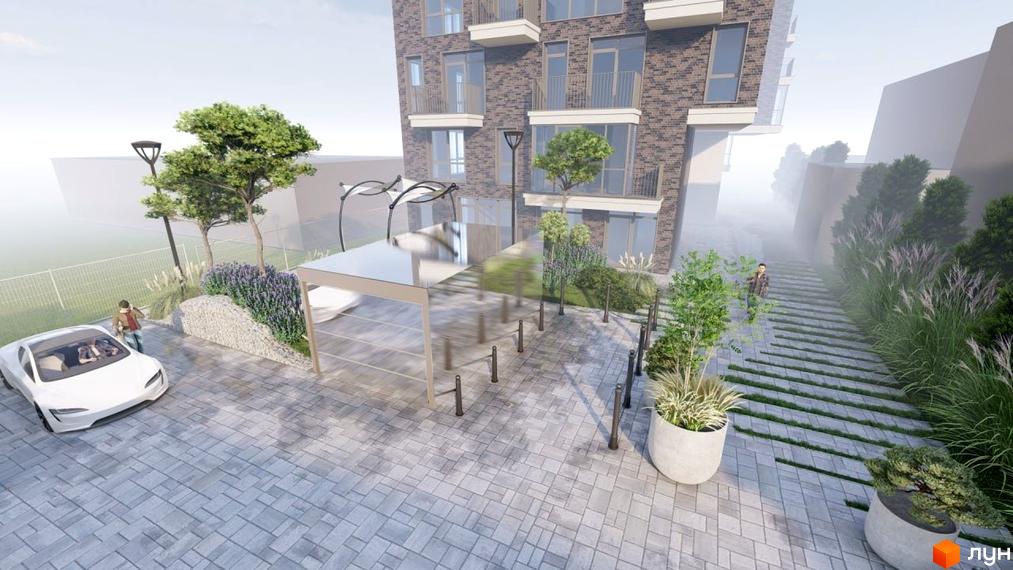 Житловий комплекс AcademHoff: сучасна цегляна новобудова з балконами, впорядкована прибудинкова територія з деревами, рослинами та місцем для паркування.