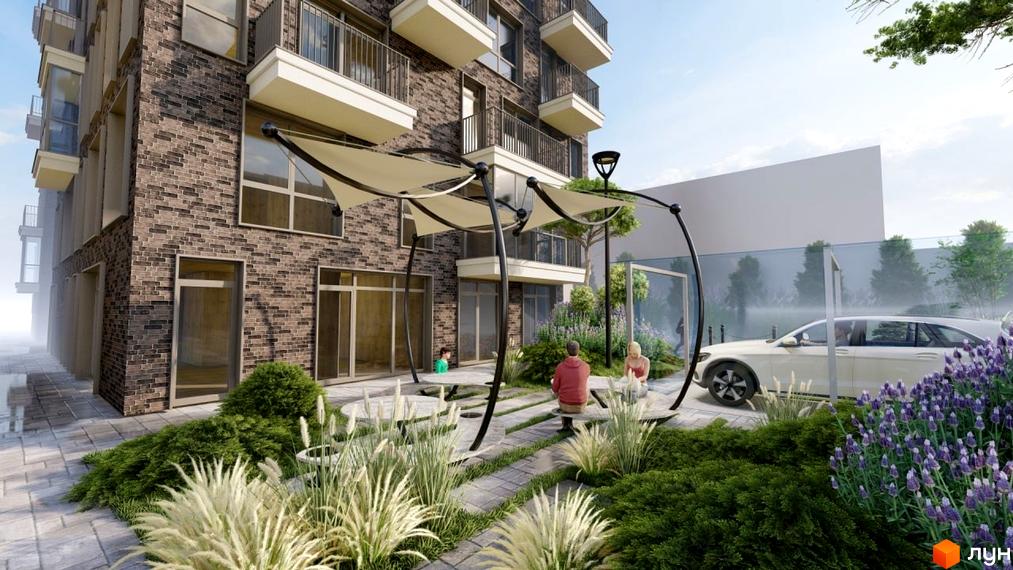 Зовнішній вигляд новобудови ЖК AcademHoff з цегляним фасадом та прибудинковою територією з ландшафтним дизайном, місцями для відпочинку та автомобілем.