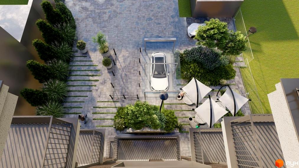 Житловий комплекс ЖК AcademHoff з прибудинковою територією, що включає зелені насадження, зону відпочинку та парковку.