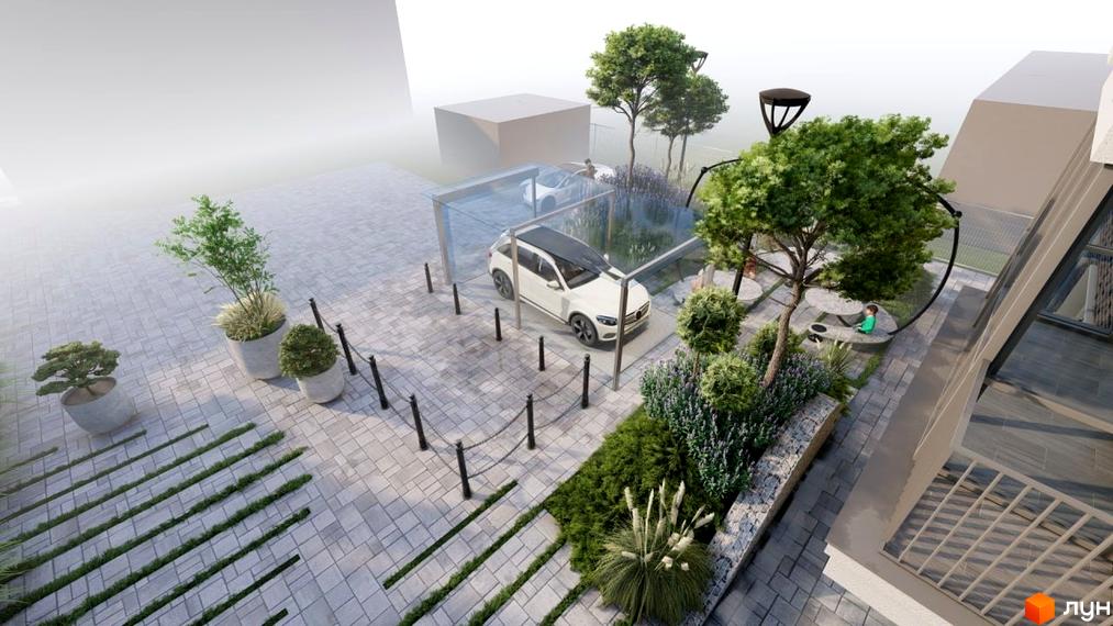 Житловий комплекс AcademHoff з білим автомобілем під скляним навісом та зоною відпочинку з деревом та лавками. Прибудинкова територія з бруківкою та зеленими насадженнями.