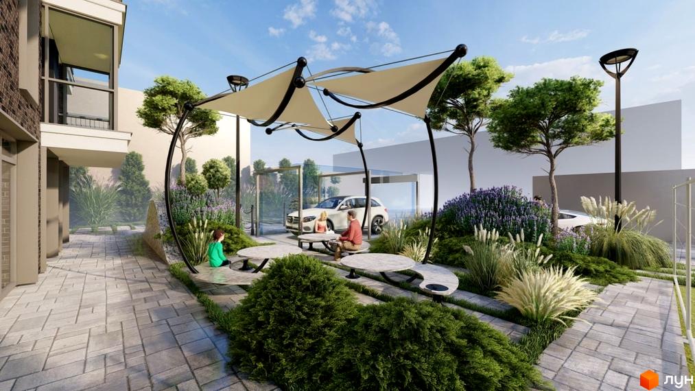 Житловий комплекс AcademHoff. Прибудинкова територія з місцями для відпочинку та автомобілів під навісом.