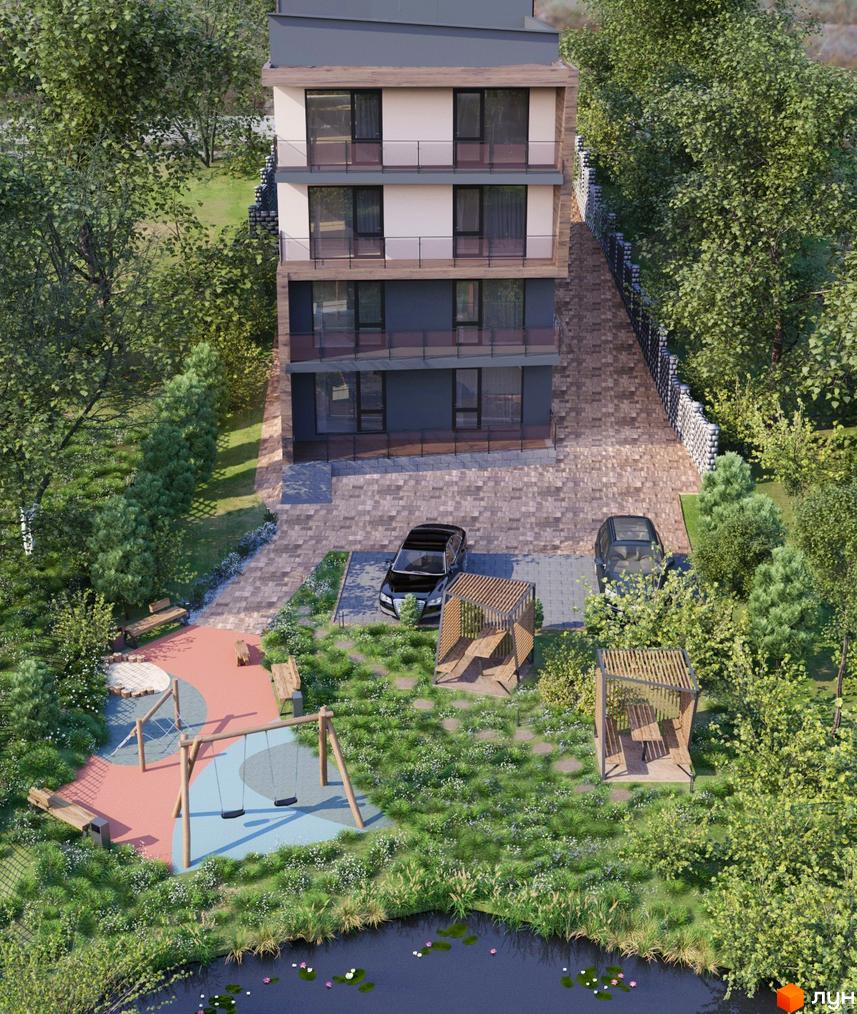 Клубний будинок „На Литовській“ з балконами та панорамними вікнами, розташований серед дерев, поруч дитячий майданчик та водойма.