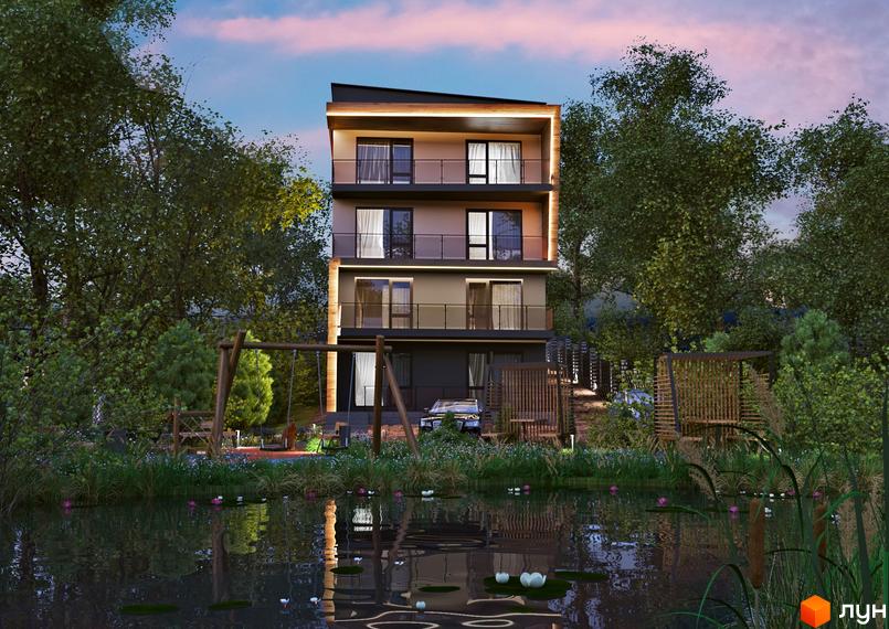 Клубний будинок „На Литовській“ з балконами та вікнами, оточений деревами біля озера з лотосами та зоною відпочинку з гойдалкою.