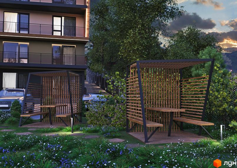 Клубний будинок „На Литовській“ з альтанками для відпочинку та зеленими насадженнями. Сучасна архітектура та доглянута прибудинкова територія.