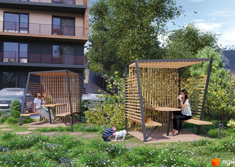 Клубний будинок „На Литовській“ з альтанками та зонами відпочинку на прибудинковій території. На зображенні видно людей, що відпочивають у альтанках та дитину з собакою.