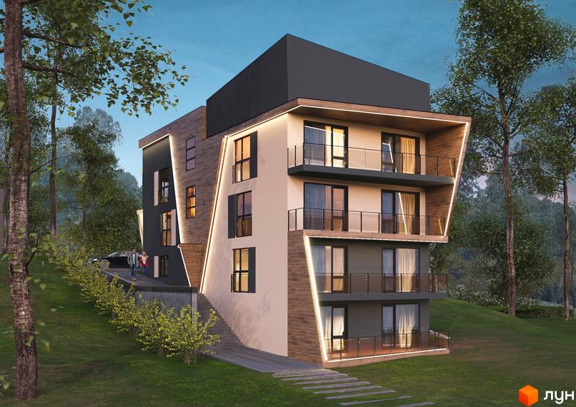 Клубний будинок „На Литовській“ з дерев'яними елементами та підсвіткою, розташований на схилі серед дерев. Біля будинку доріжка та автомобіль.