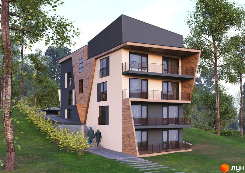 Клубний будинок „На Литовській“ має багатоповерхову будівлю з балконами та панорамними вікнами, розташовану на схилі серед дерев. На прибудинковій території видно доглянутий газон та доріжку.