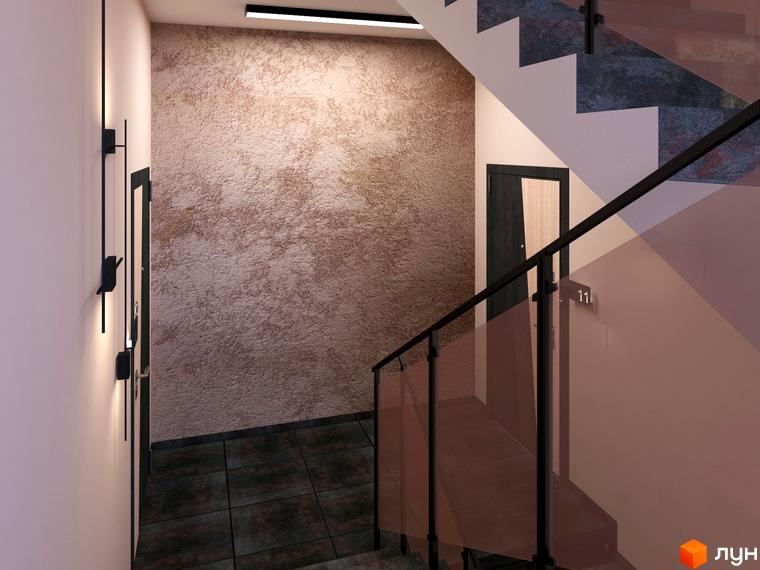 Сучасний інтер'єр сходової клітини житлового комплексу 