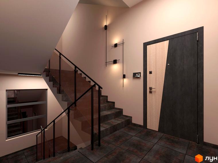 Клубний будинок „На Литовській“: сходова клітка з дверима та вікном, що виходить на сходовий проліт. Сучасна новобудова з стильним дизайном.