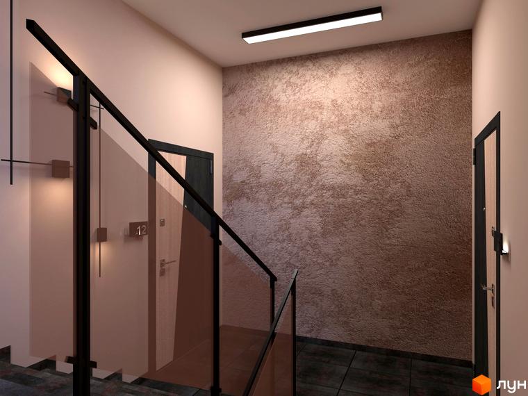 Клубний будинок „На Литовській“: сучасний інтер'єр сходової клітки з дверима та скляними перилами. Ознайомтеся з новобудовами Києва.