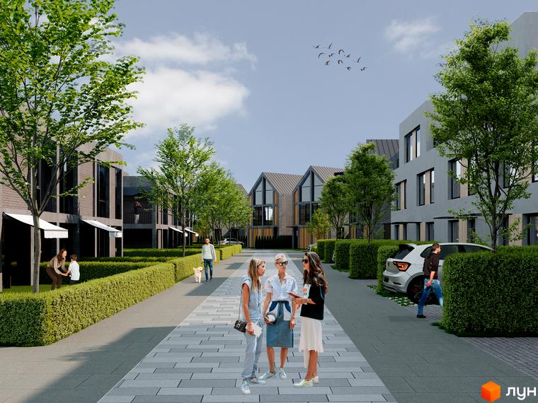 Котеджне містечко Concept Riviera: фасади будинків з великими вікнами та прибудинкова територія з доглянутими зеленими зонами та пішохідними доріжками.