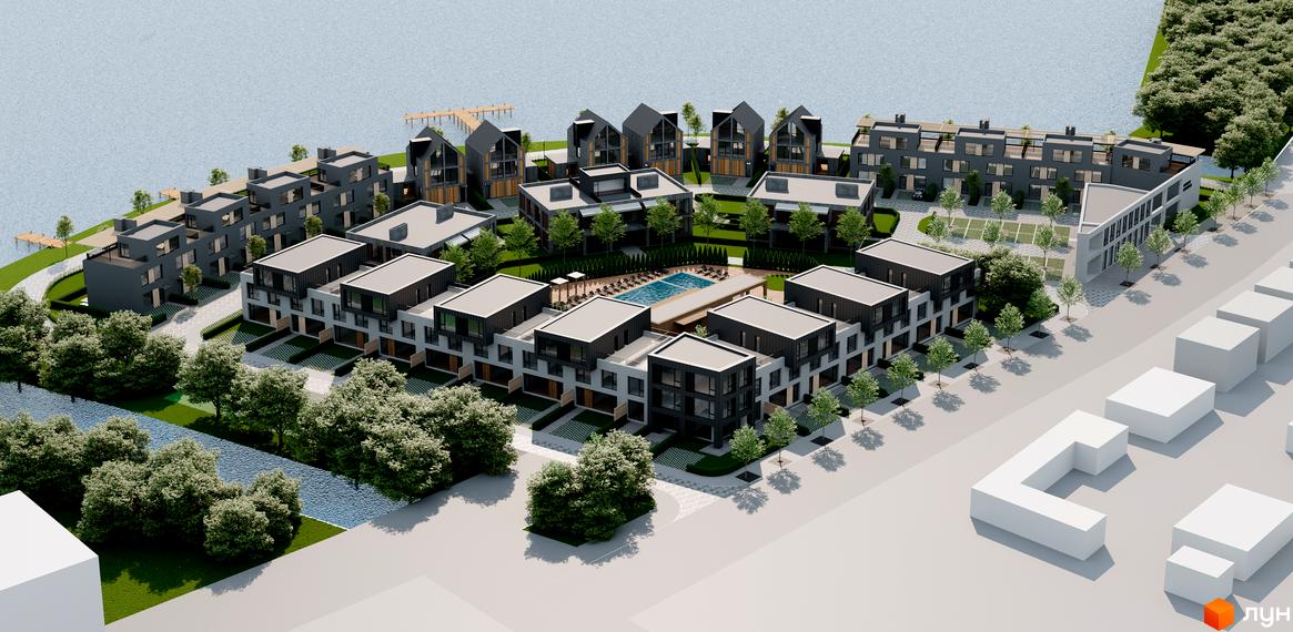 Котеджне містечко Concept Riviera – комплекс будинків з басейном та зеленою зоною біля води. На території є паркінг та пірс.