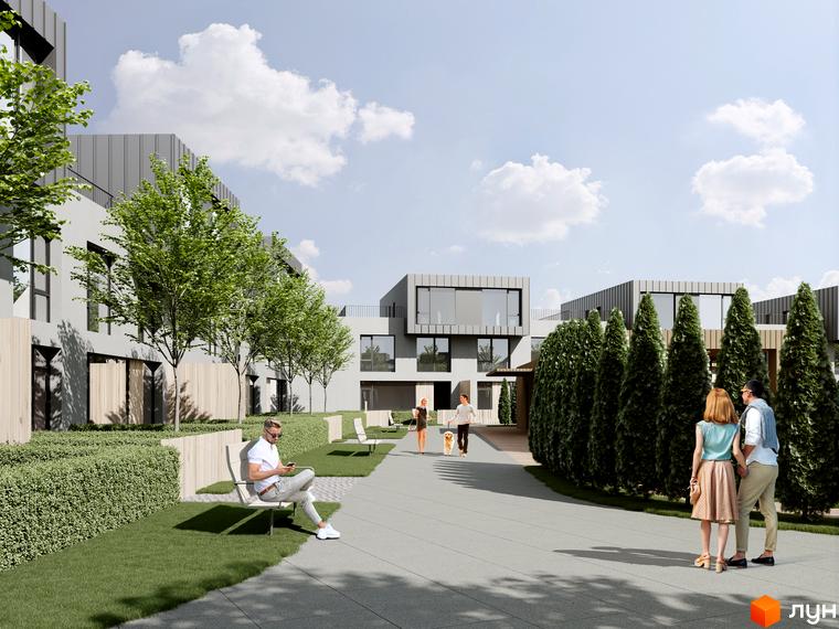 Котеджне містечко КМ Concept Riviera. Зовнішній вигляд будівель та прибудинкова територія з елементами озеленення та зонами відпочинку.