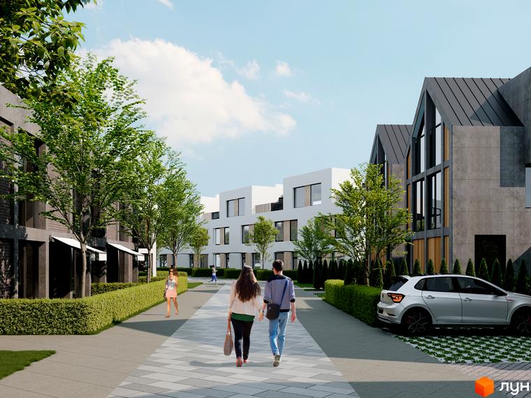 Котеджне містечко КМ Concept Riviera з сучасними будинками та доглянутою прибудинковою територією з деревами та пішохідними доріжками.