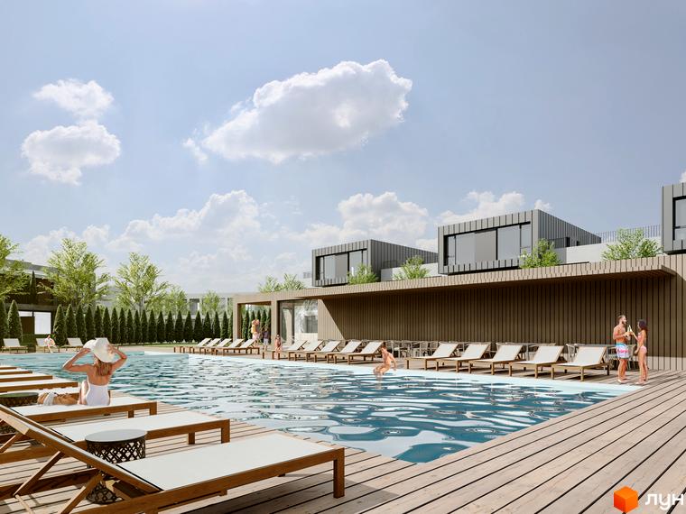 Котеджний комплекс КМ Concept Riviera з басейном та зонами відпочинку. Зовнішній вигляд новобудови з сучасними фасадами та великими вікнами.