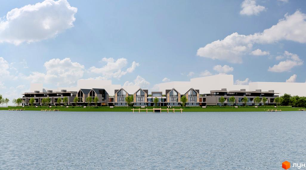 Котеджне містечко Concept Riviera - сучасний комплекс з будинками біля води та зеленою зоною. На зображенні видно фасади будинків та набережну з пірсами.