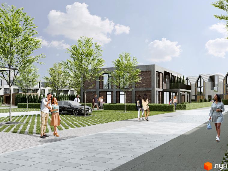 Котеджне містечко КМ Concept Riviera з сучасними будинками та зеленим подвір'ям. На зображенні видно людей, що гуляють біля будинків та автомобілів.