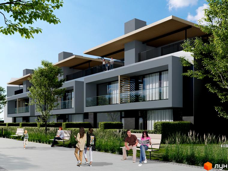 Зовнішній вигляд будинку KM Concept Riviera з балконами та навісами, поруч зелена зона з лавками та людьми.