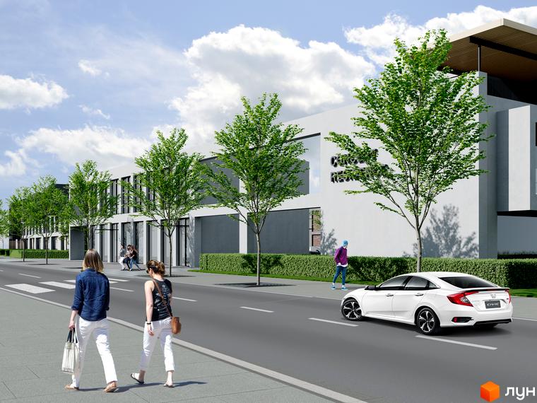 Зовнішній вигляд житлового комплексу КМ Concept Riviera з фасадною частиною та зеленими насадженнями. На зображенні видно сучасну архітектуру будівлі та прибудинкову територію з деревами та пішохідною зоною.