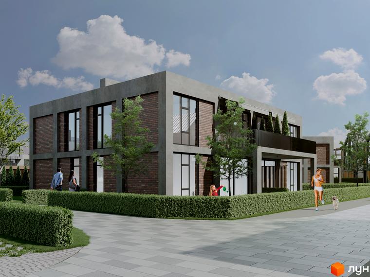 Котеджне містечко КМ Concept Riviera: двоповерхові будинки з цегляними фасадами та великими вікнами, зелені кущі та доріжки на прибудинковій території.