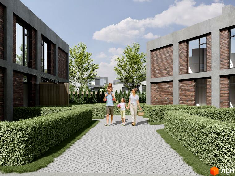 Котеджне містечко Concept Riviera: сімейна прогулянка біля сучасних будинків з цегляним фасадом та доглянутими зеленими зонами. Прибудинкова територія з доріжками та кущами.