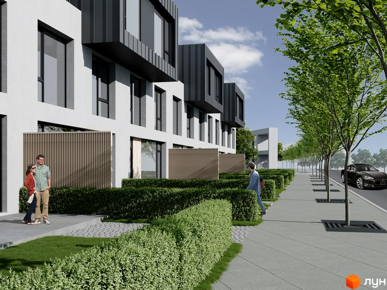 Котеджне містечко КМ Concept Riviera. Зовнішній вигляд триповерхових будинків з панорамними вікнами та доглянута прибудинкова територія з зеленими насадженнями та доріжками.