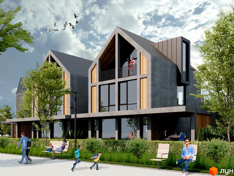 Котеджне містечко КМ Concept Riviera з сірими фасадами та дерев'яними вставками, балконами та великими вікнами. На прибудинковій території розташовані дерева, кущі, лавки та пішохідна зона.